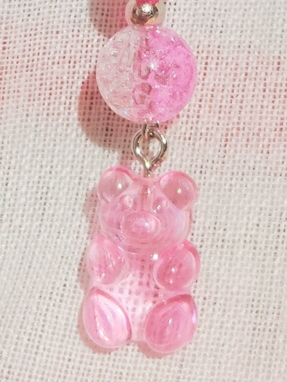 Handmade Dangly Keychain One Of A Kind. Pink Gummy Bear. Premium Glass / Acrylic